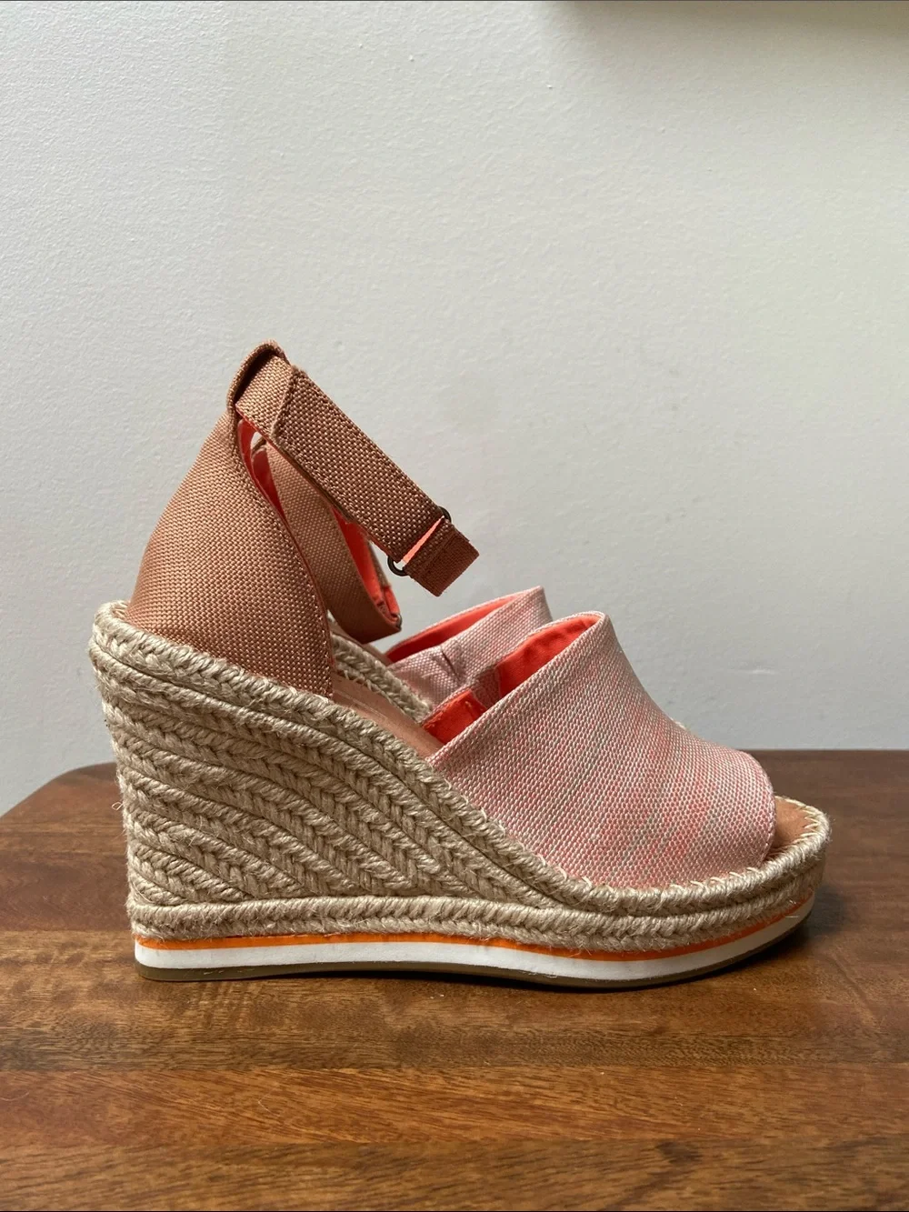 TOMS Pink Canvas Espadrille Wedge Sandals with Tan Ankle Strap